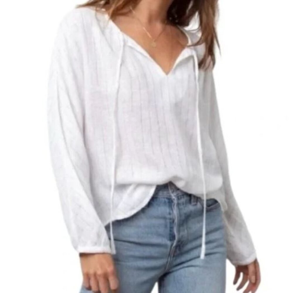 RAILS Finn Striped Linen Long Sleeve Top in Rose Gold Metallic White Blouse Sm